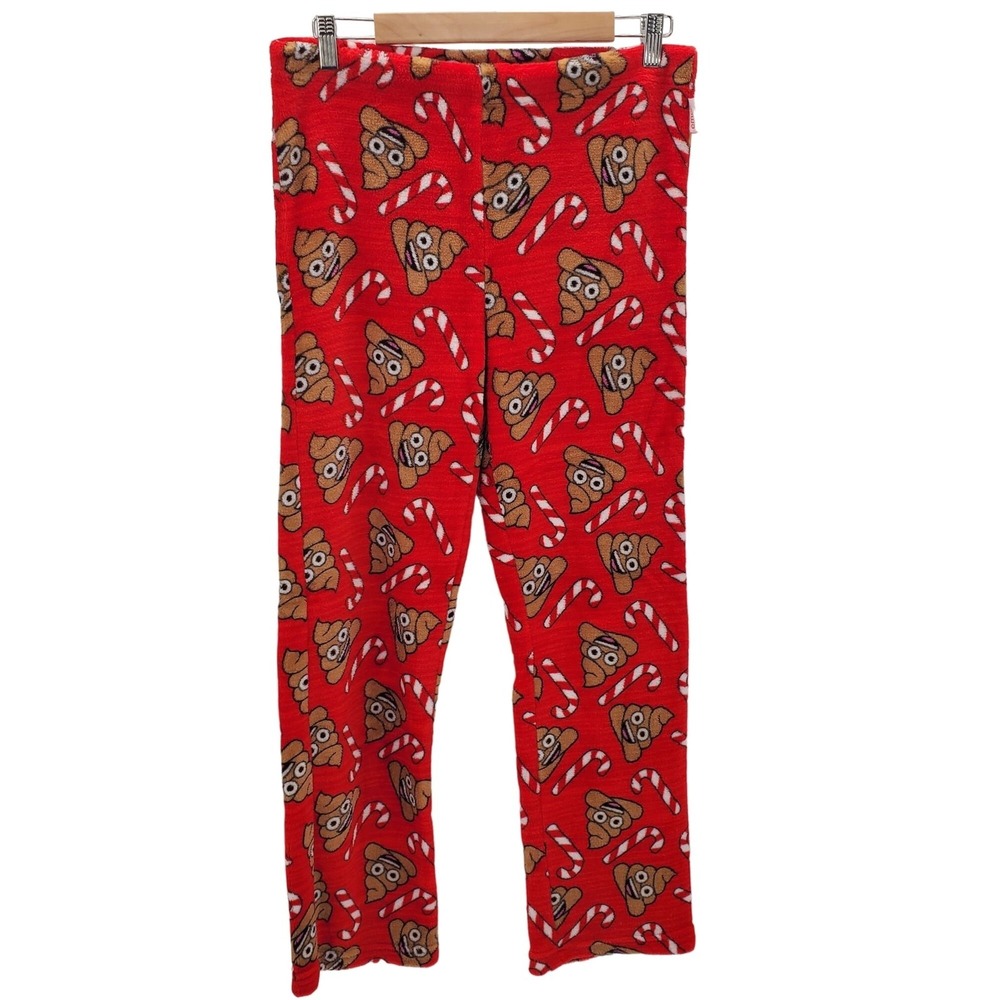 Emoji Womens M 8-10 Red Christmas Poop Candy Cane Fleece Lounge Pajama Pants